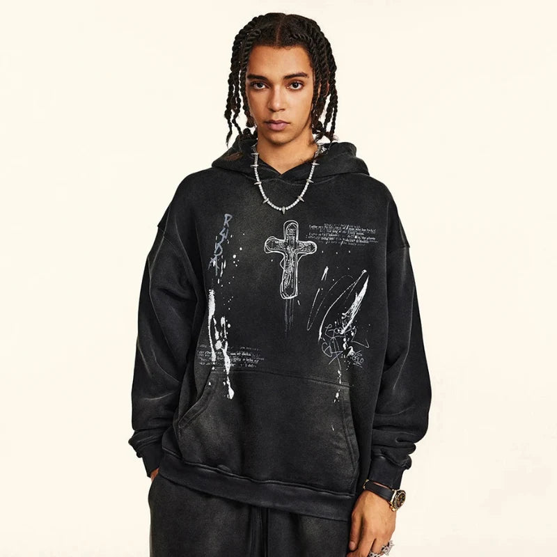 Vintage Y2K Cross Graphic Distressed Baggy Hoodie