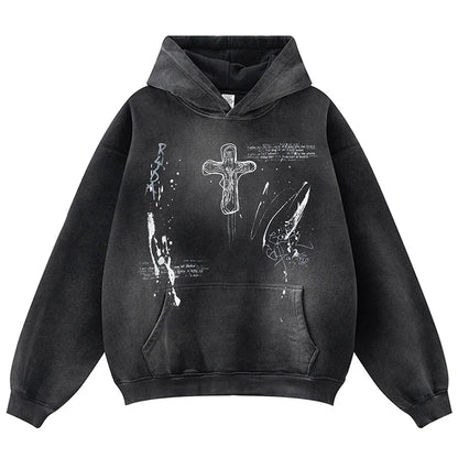 Vintage Y2K Cross Graphic Distressed Baggy Hoodie