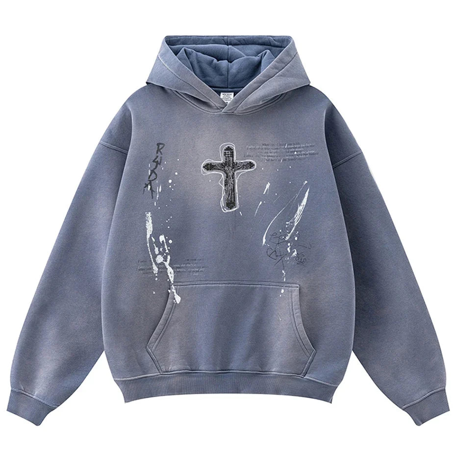 Vintage Y2K Cross Graphic Distressed Baggy Hoodie