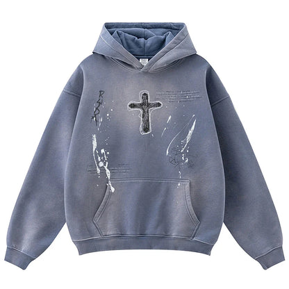 Vintage Y2K Cross Graphic Distressed Baggy Hoodie