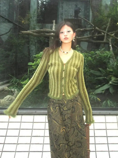 Vintage Y2K Green Striped Crop V Neck Cardigan