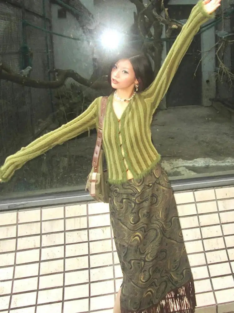 Vintage Y2K Green Striped Crop V Neck Cardigan