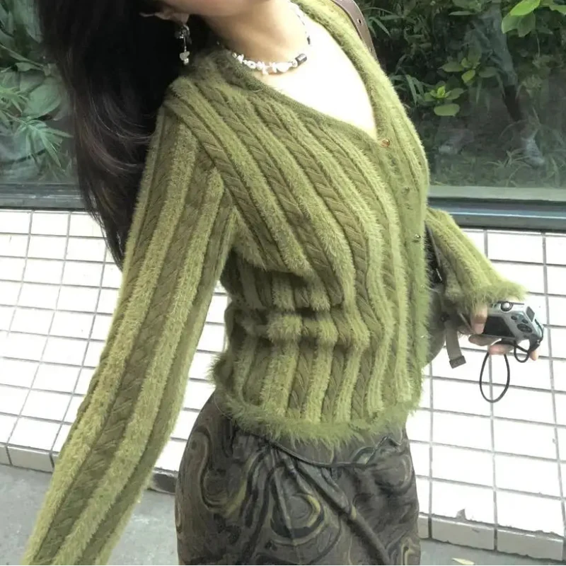Vintage Y2K Green Striped Crop V Neck Cardigan