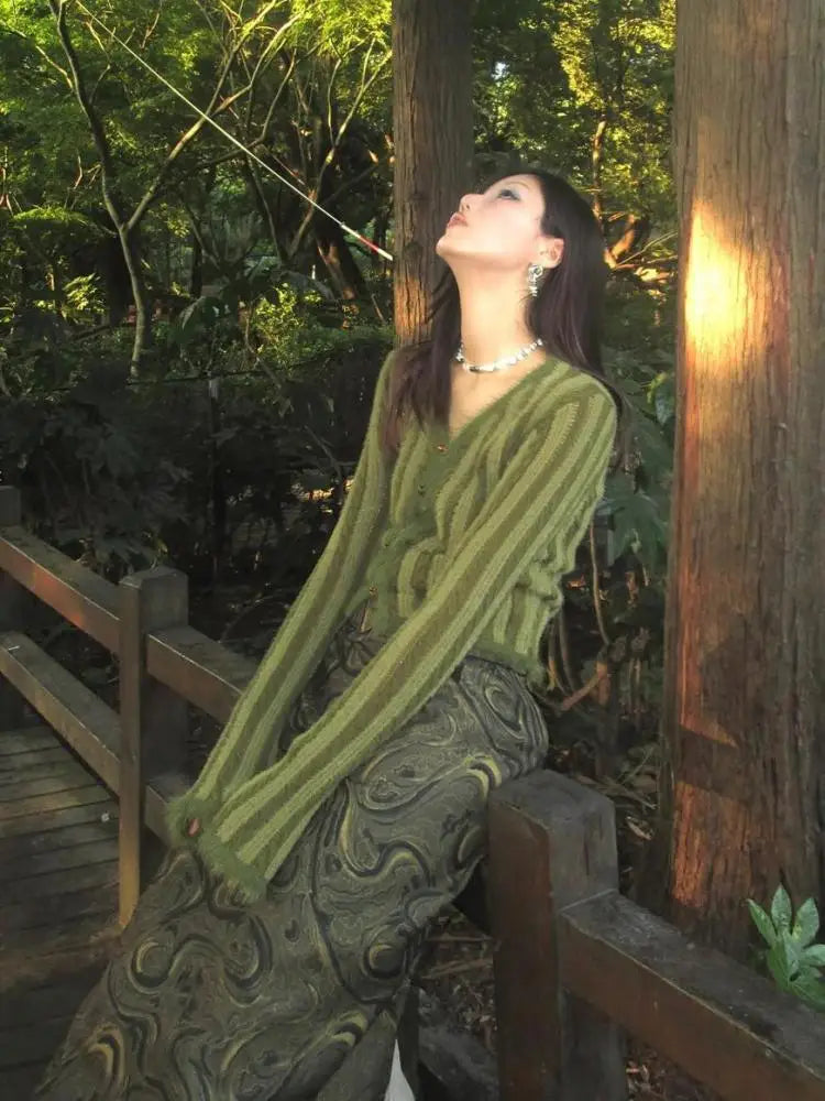 Vintage Y2K Green Striped Crop V Neck Cardigan