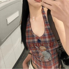 Vintage Y2K Mesh Plaid Halter Top