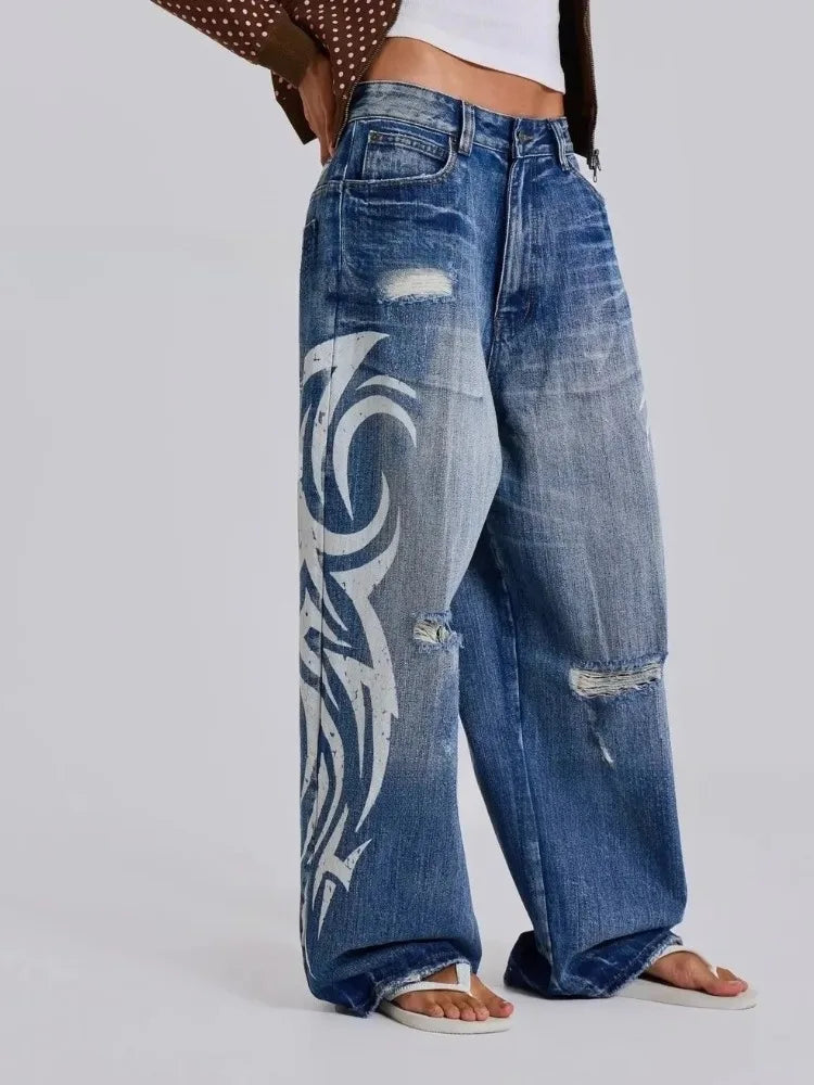 Vintage Y2K Ripped Tribal Graphic Baggy Jeans