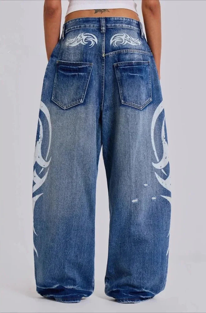 Vintage Y2K Ripped Tribal Graphic Baggy Jeans
