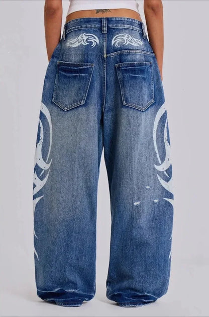 Vintage Y2K Ripped Tribal Graphic Baggy Jeans