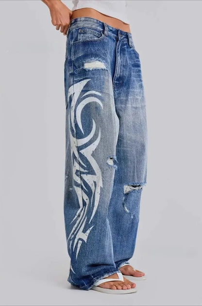Vintage Y2K Ripped Tribal Graphic Baggy Jeans