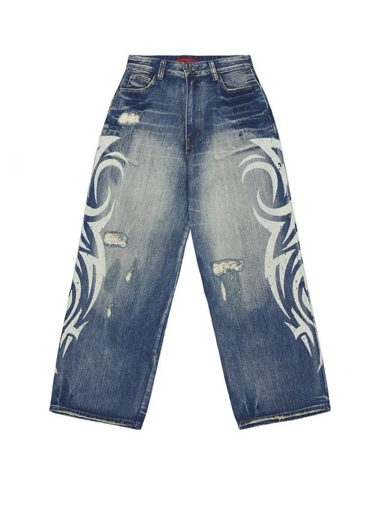 Vintage Y2K Ripped Tribal Graphic Baggy Jeans