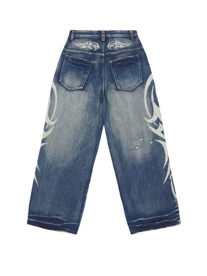 Vintage Y2K Ripped Tribal Graphic Baggy Jeans