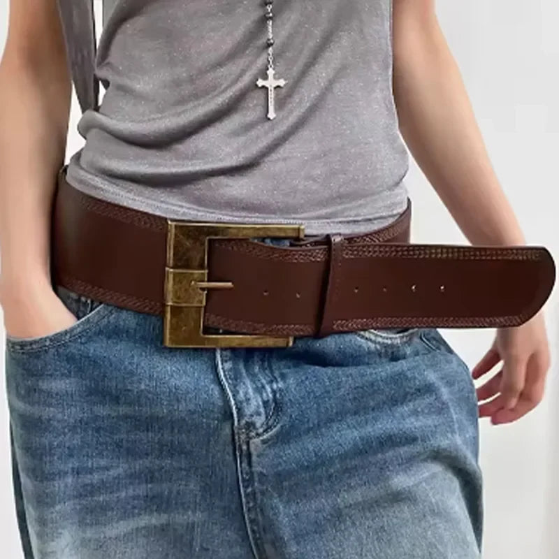 Vintage Y2K Ultra Wide Square Buckle Faux Leather Belt