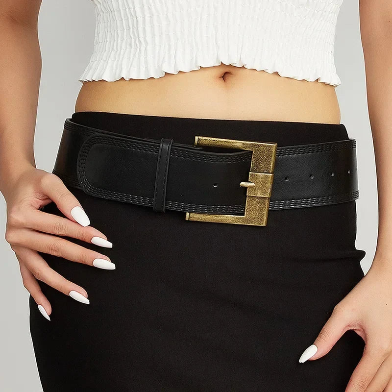 Vintage Y2K Ultra Wide Square Buckle Faux Leather Belt