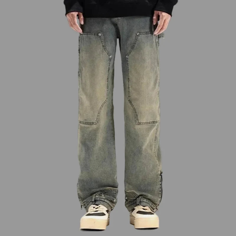 Washed Y2K Double Knee Denim Flared Carpenter Jeans