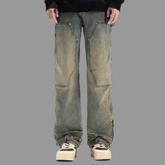 Washed Y2K Double Knee Denim Flared Carpenter Jeans