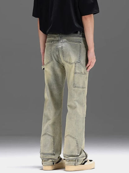 Washed Y2K Double Knee Denim Flared Carpenter Jeans