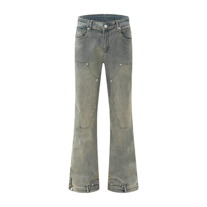 Washed Y2K Double Knee Denim Flared Carpenter Jeans