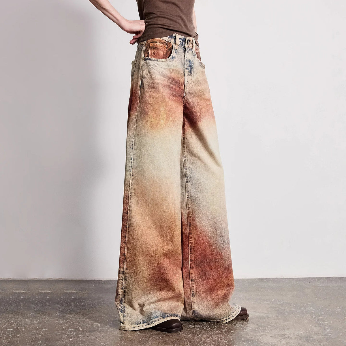 Wasteland Style Y2K Mid Waist Baggy Printed Jeans