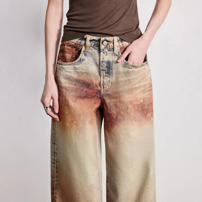 Wasteland Style Y2K Mid Waist Baggy Printed Jeans