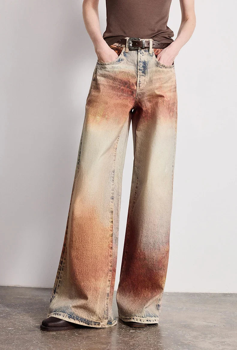 Wasteland Style Y2K Mid Waist Baggy Printed Jeans