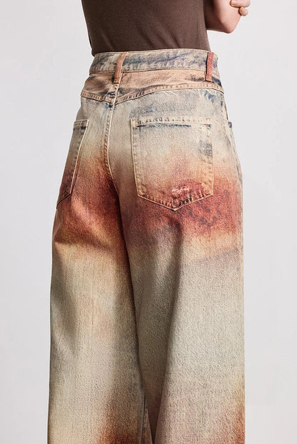 Wasteland Style Y2K Mid Waist Baggy Printed Jeans