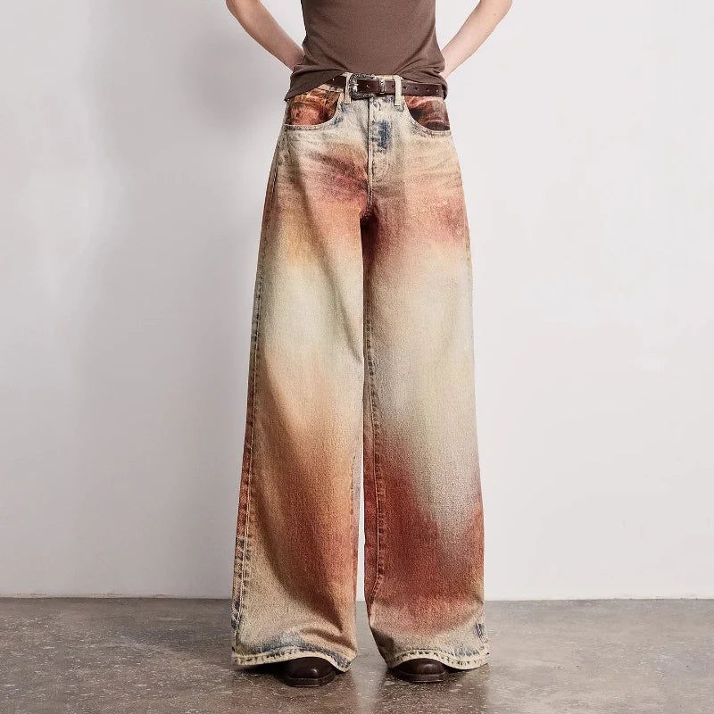 Wasteland Style Y2K Mid Waist Baggy Printed Jeans