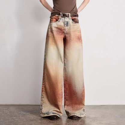 Wasteland Style Y2K Mid Waist Baggy Printed Jeans
