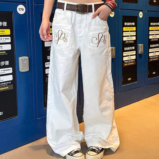 White Y2K Embroidered Baggy Jeans