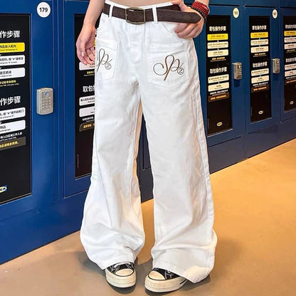 White Y2K Embroidered Baggy Jeans