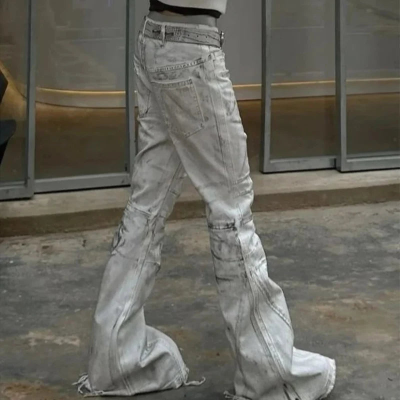 White Y2K Street Style Tie Dye Flared Jeans