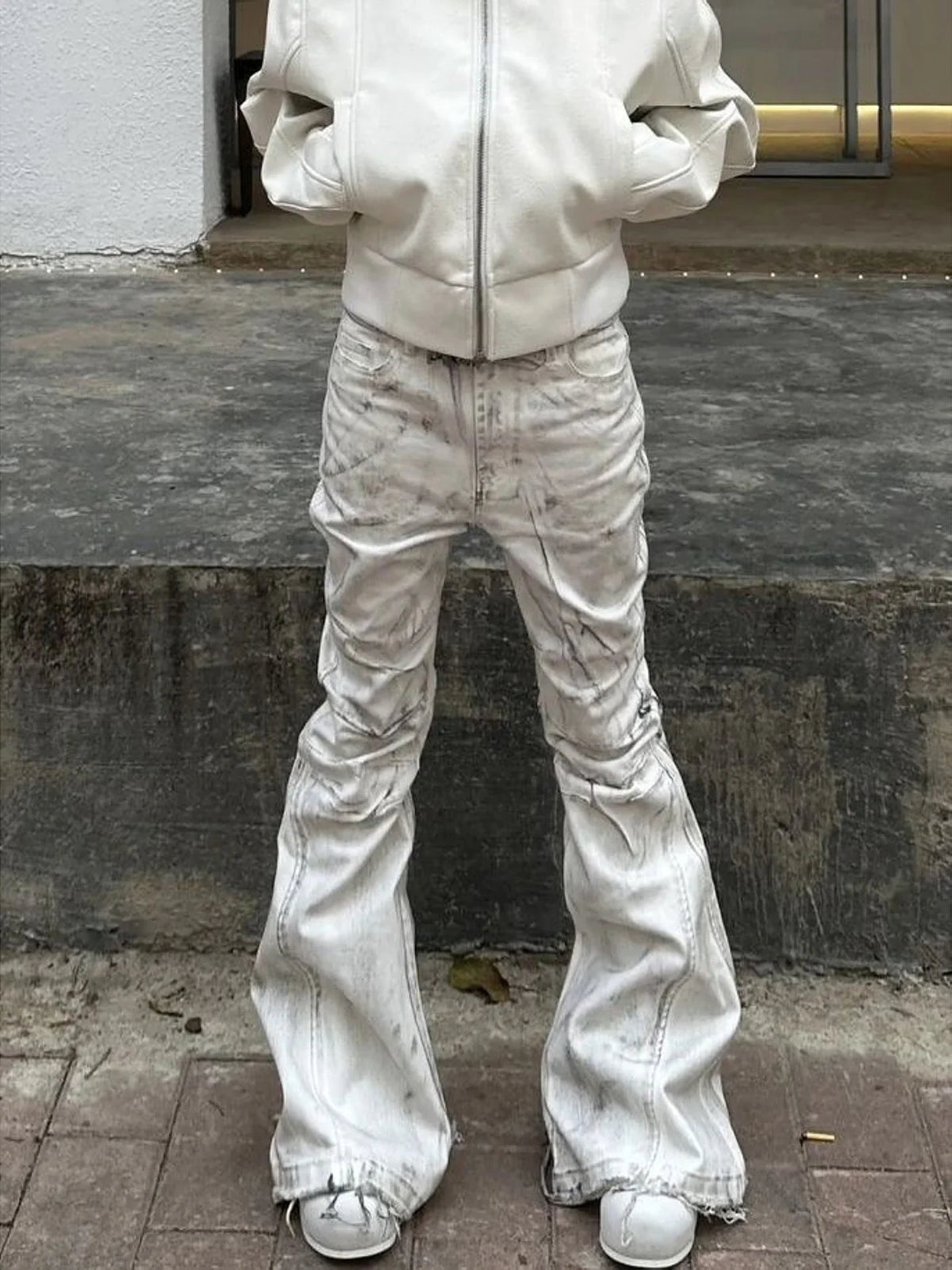 White Y2K Street Style Tie Dye Flared Jeans