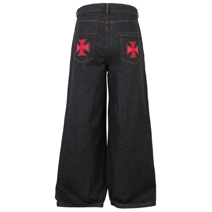 Wide Leg Black Embroidered Jeans