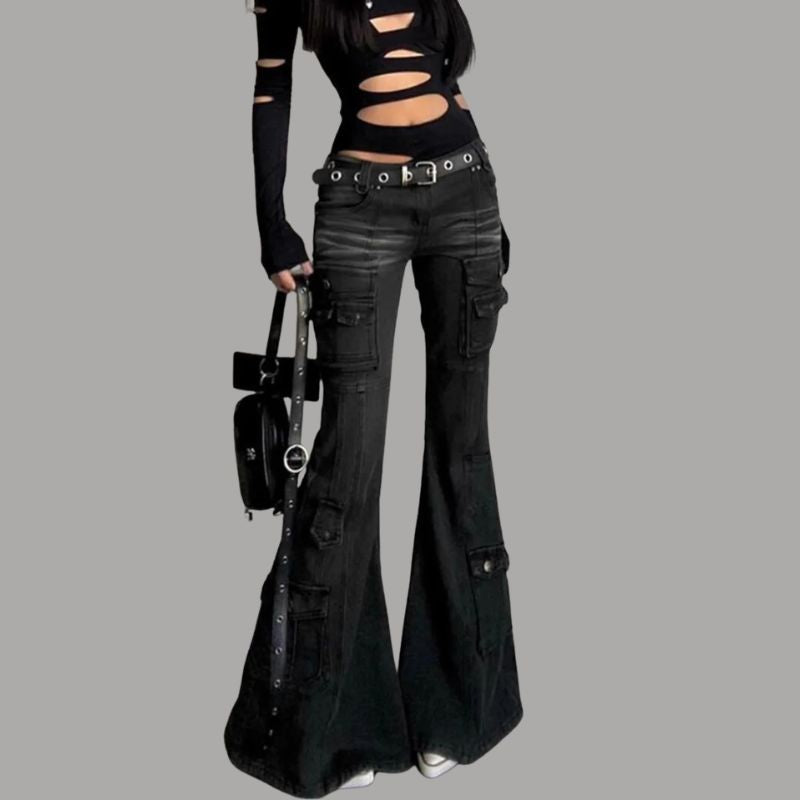 Womens Gothic Y2K Low Waist Cargo Flare Denim Jeans