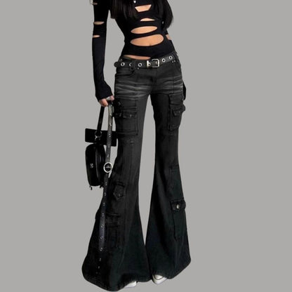 Womens Gothic Y2K Low Waist Cargo Flare Denim Jeans