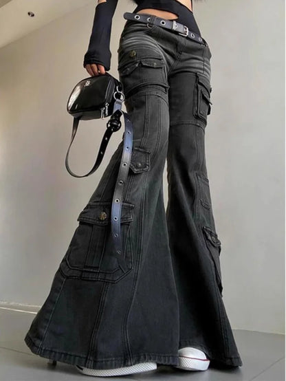 Womens Gothic Y2K Low Waist Cargo Flare Denim Jeans