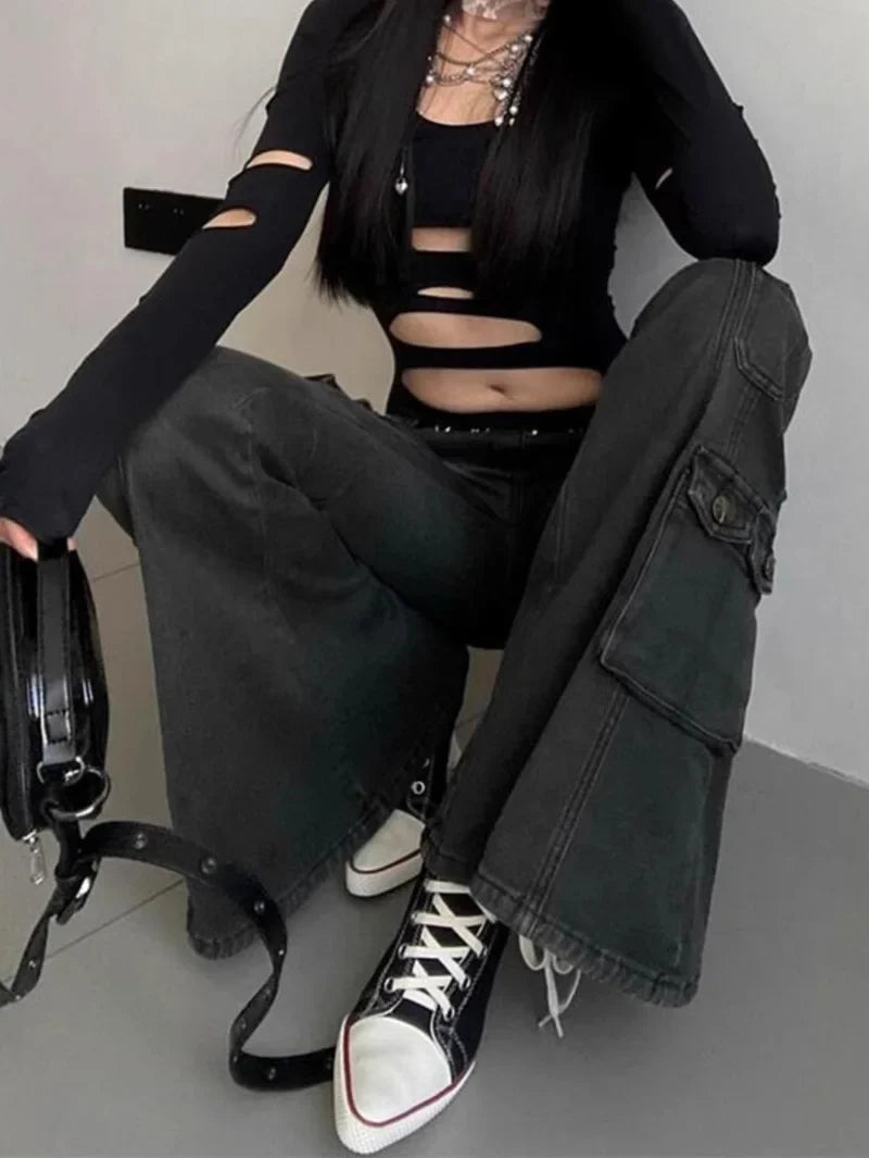 Womens Gothic Y2K Low Waist Cargo Flare Denim Jeans