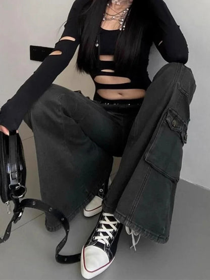 Womens Gothic Y2K Low Waist Cargo Flare Denim Jeans