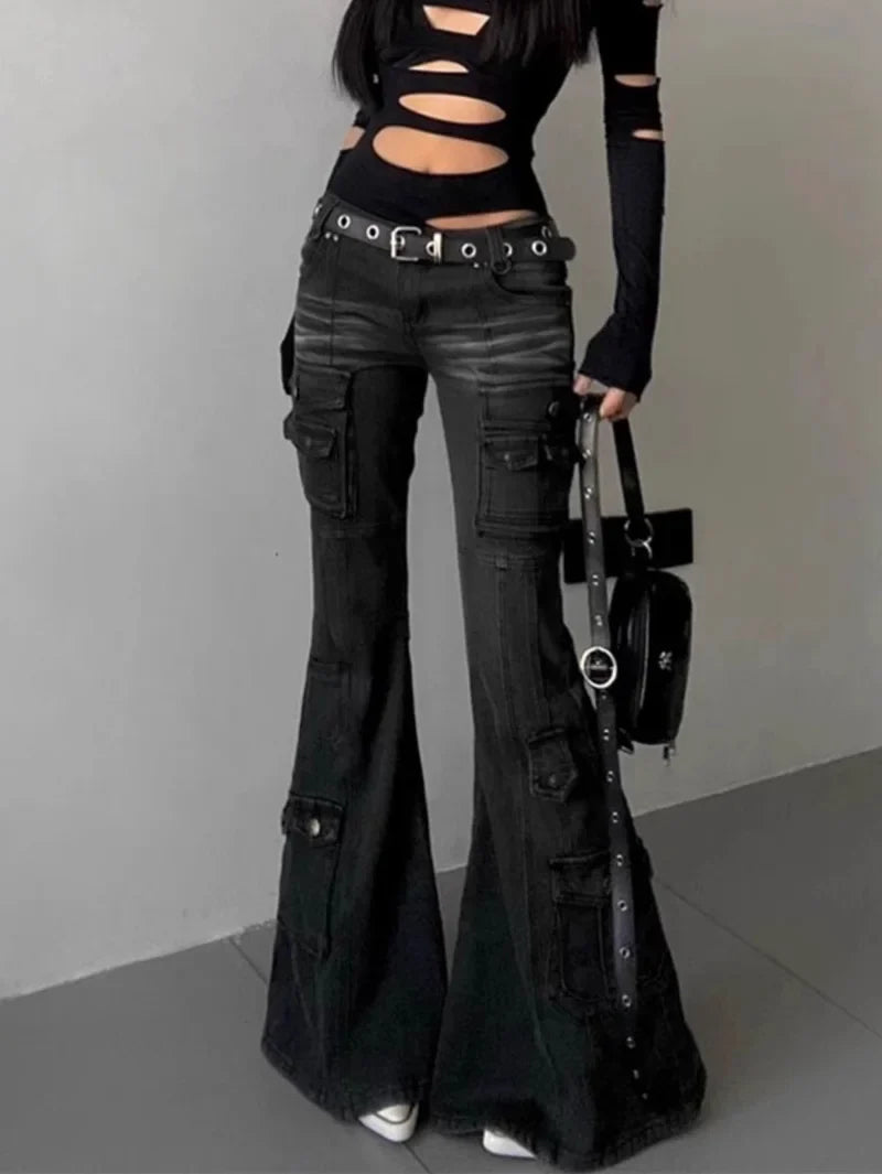 Womens Gothic Y2K Low Waist Cargo Flare Denim Jeans