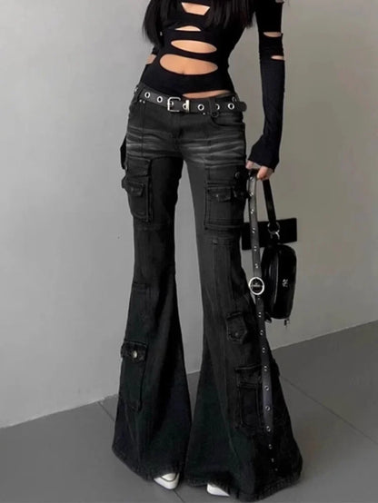 Womens Gothic Y2K Low Waist Cargo Flare Denim Jeans
