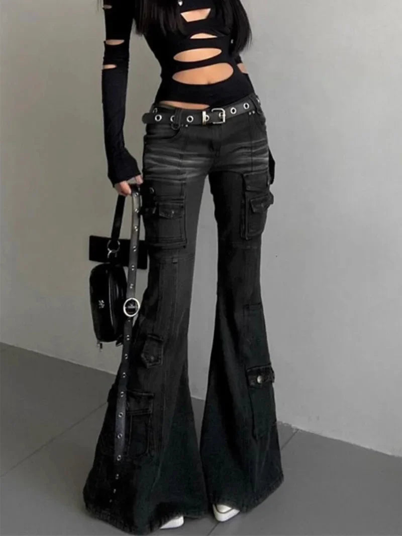 Womens Gothic Y2K Low Waist Cargo Flare Denim Jeans