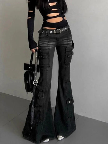 Womens Gothic Y2K Low Waist Cargo Flare Denim Jeans