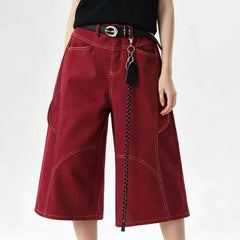 Women's Wine Red Y2K Baggy Wide Leg Denim Shorts Jorts