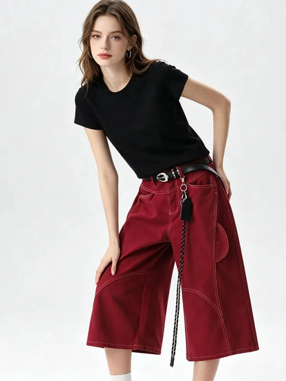 Women's Wine Red Y2K Baggy Wide Leg Denim Shorts Jorts