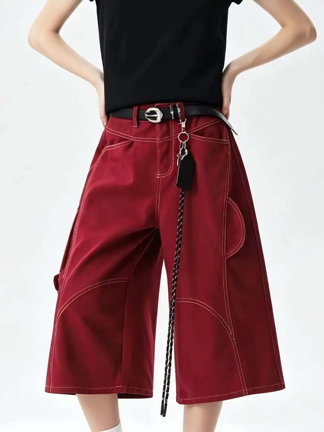 Women's Wine Red Y2K Baggy Wide Leg Denim Shorts Jorts