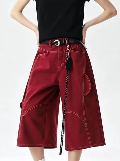 Women's Wine Red Y2K Baggy Wide Leg Denim Shorts Jorts