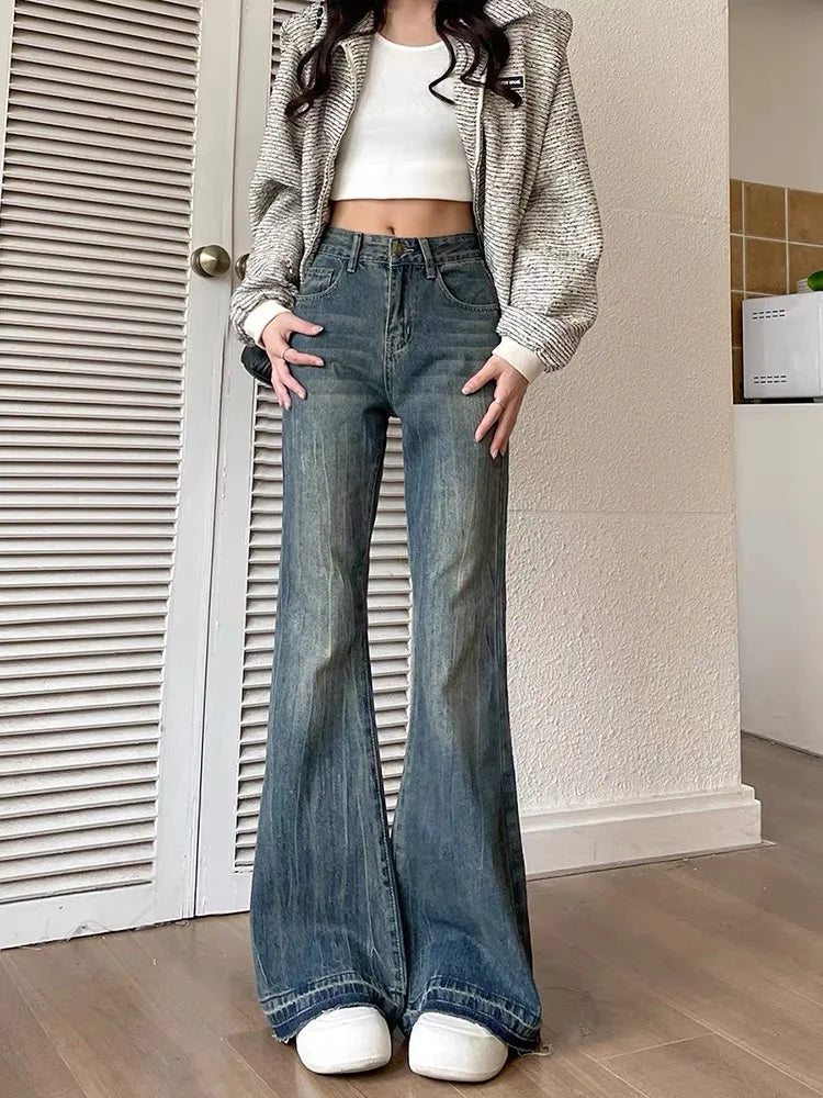 Womens Y2K Casual Vintage Slim Blue Flared Jeans