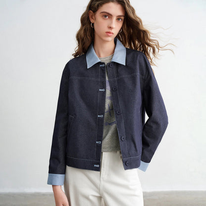 Womens Y2K Contrast Lapel Faux Denim Jacket