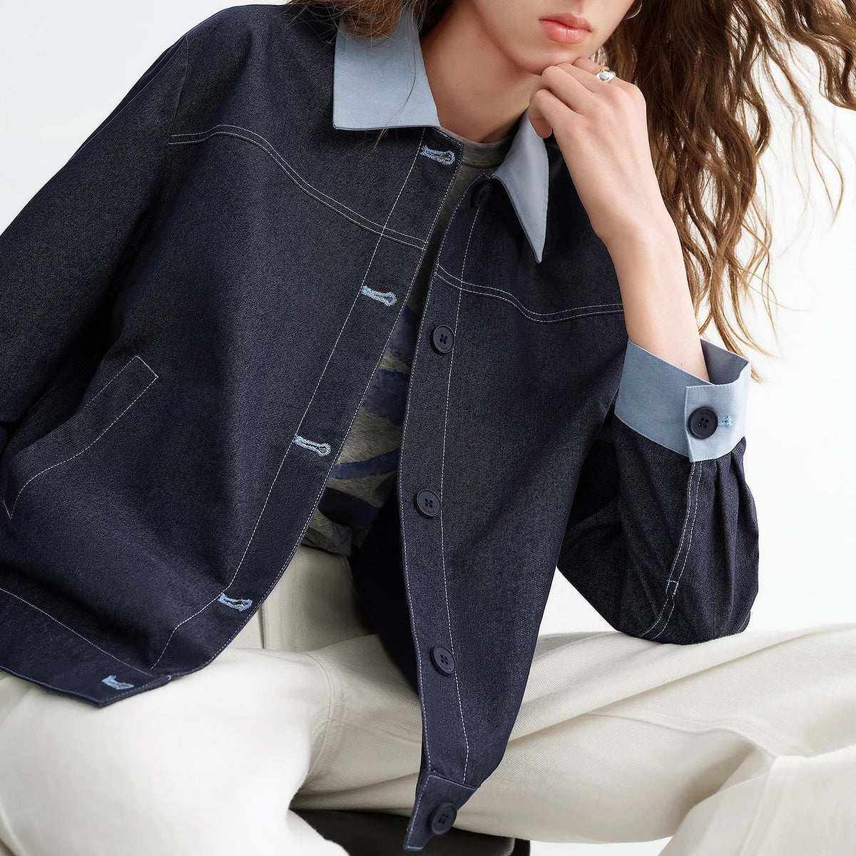 Womens Y2K Contrast Lapel Faux Denim Jacket