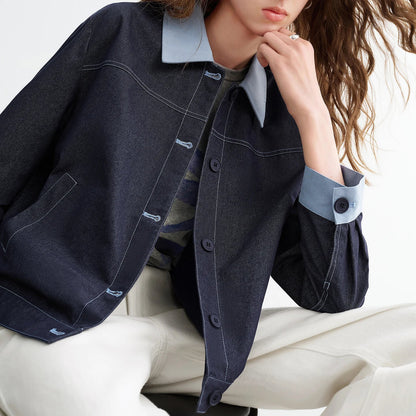 Womens Y2K Contrast Lapel Faux Denim Jacket