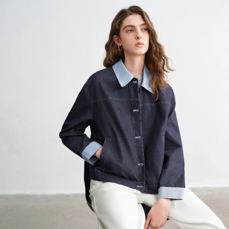 Womens Y2K Contrast Lapel Faux Denim Jacket